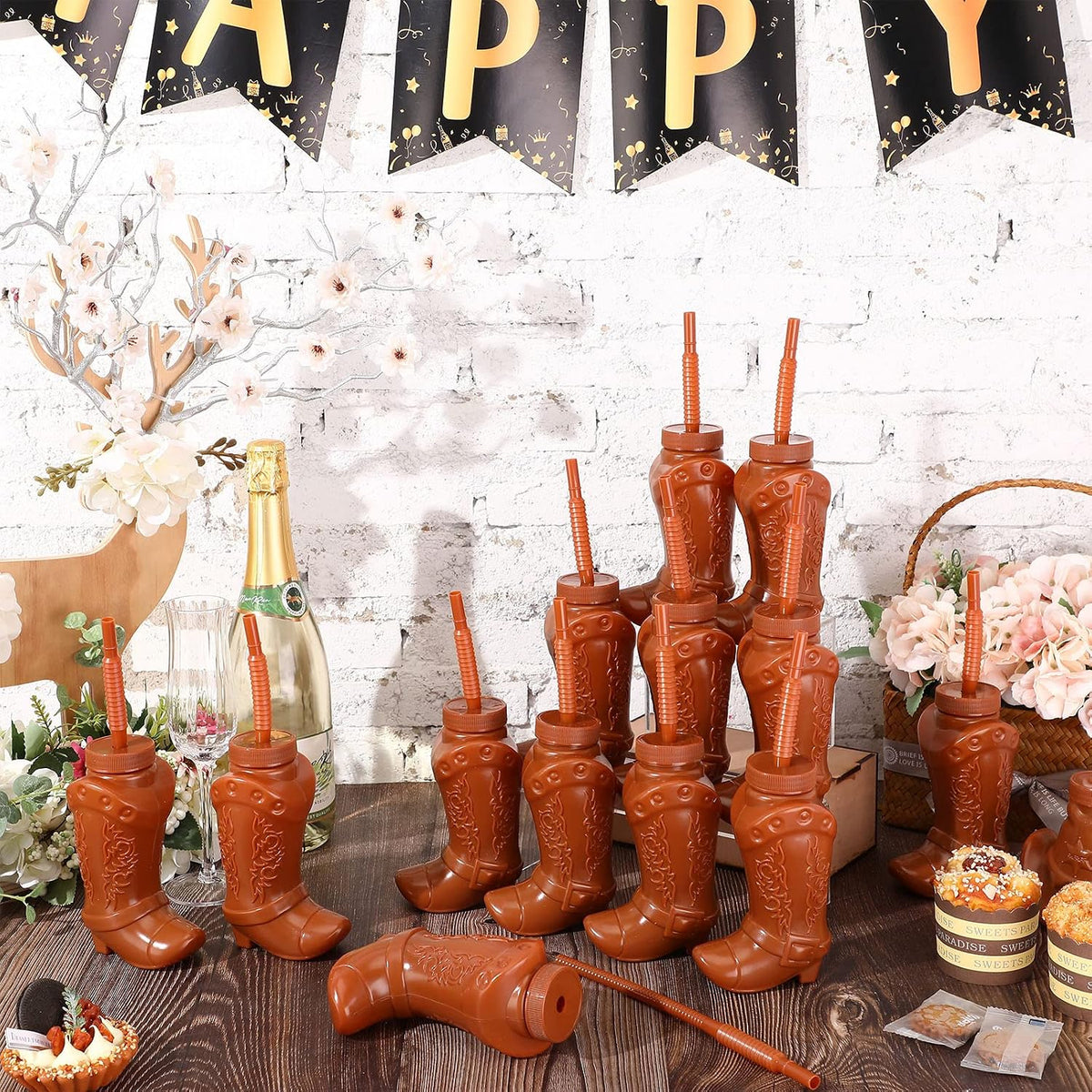 Hoolerry 12 Pcs Cowboy Boot Cups with Lids and Straws - Brown / 12 - image 4