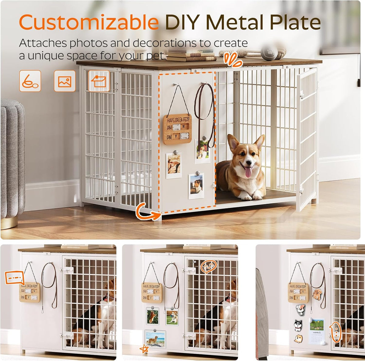 YATINEY Foldable Dog Crate Furniture, Dog Crate with DIY Frame - 37.4"L x 23.6"W x 26.0"H / White + Walnut - image 4