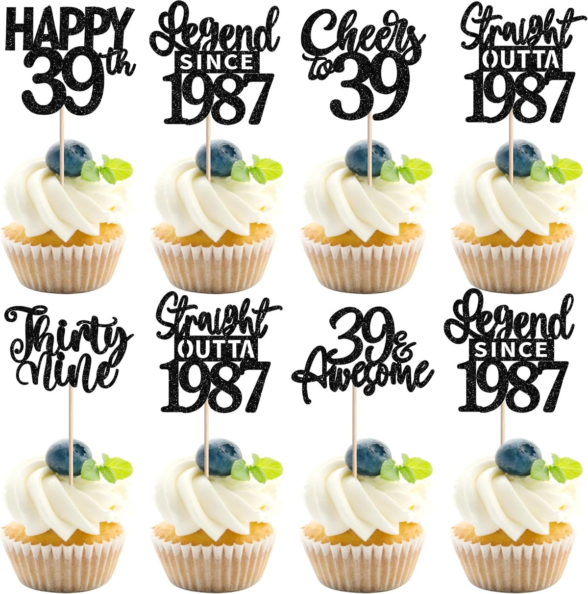 24PCS Black Happy 50th Birthday Cupcake Toppers Fifty Straight Outta - Black / 39th