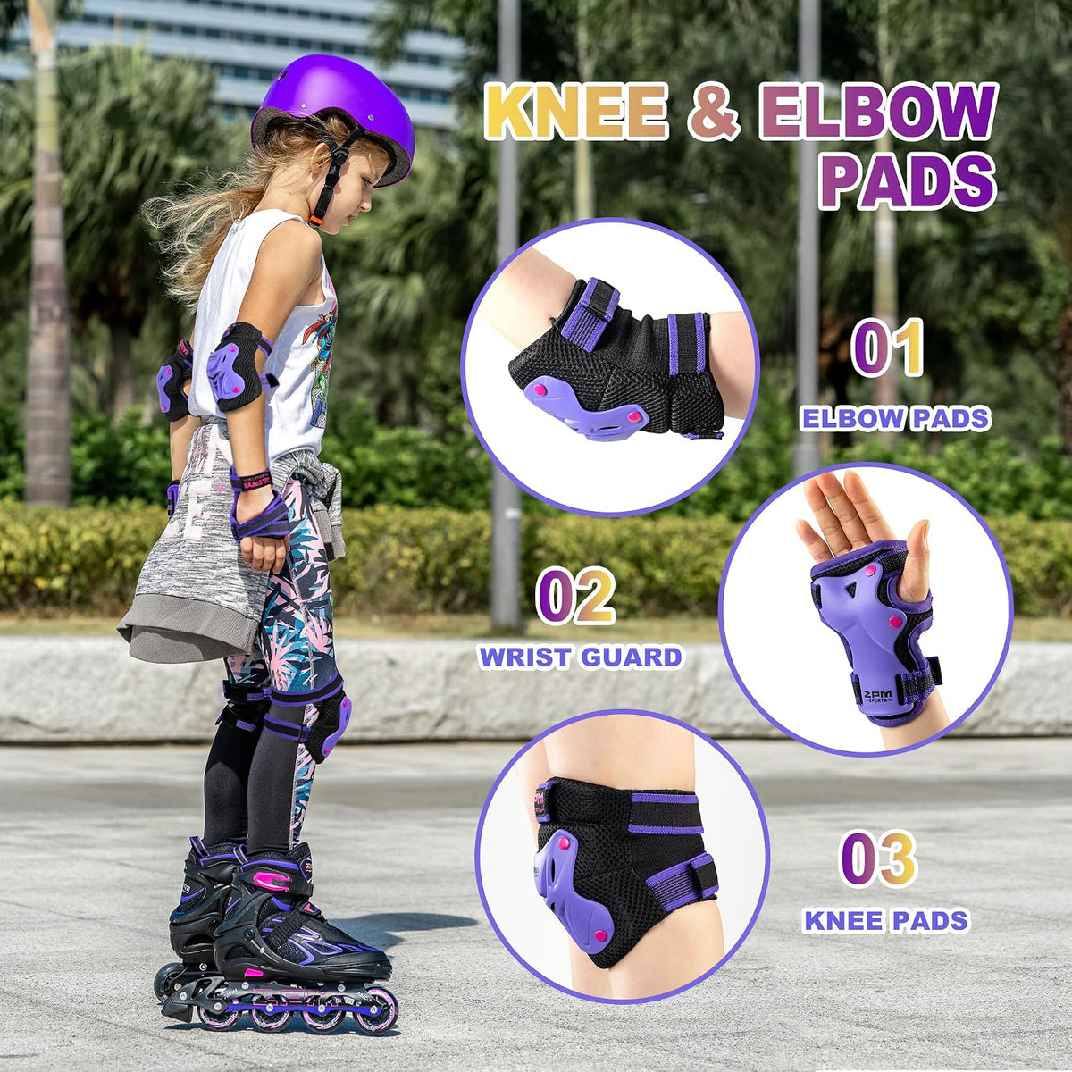 2PM SPORTS Knee and Elbow Pads Set with Wrist Guards for Kids Girls - Purple / Small - image 2