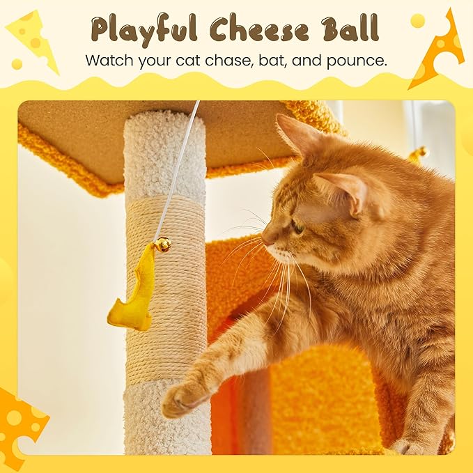 MWPO Cat Tree, 63.8-Inch Cat Tower for Indoor Cats, Multi-Level Cat Condo with 5 Scratching Posts, 2 Perches, Hammock, Dangling Toys, Yellow
