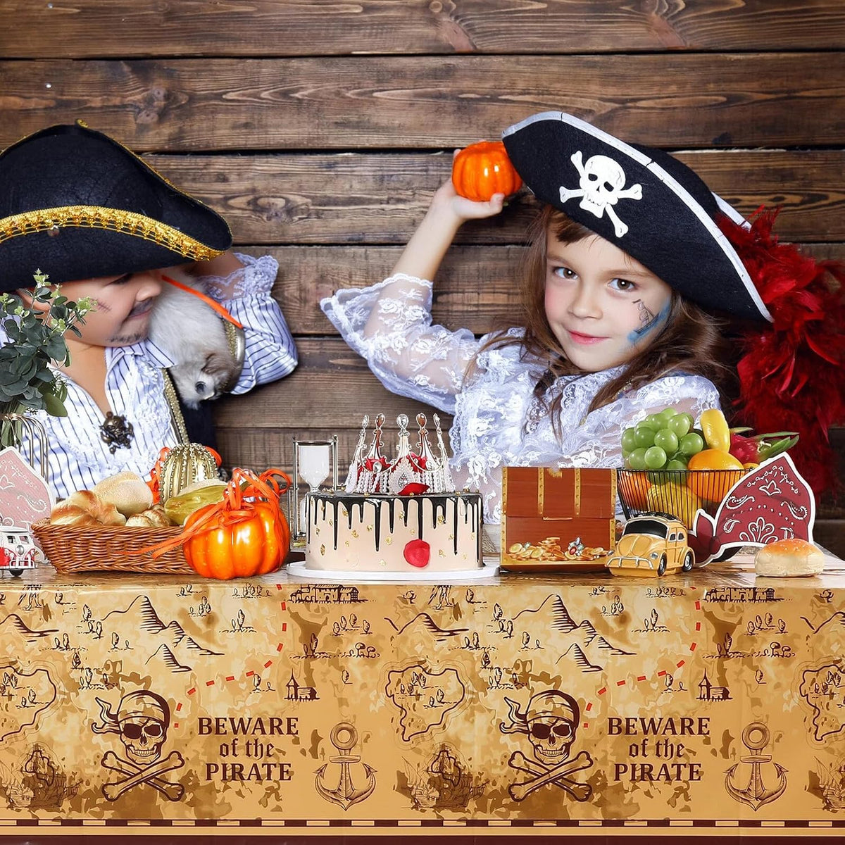 Irenare pirate tablecloth printed with a treasure map, skeleton, boat, mountain and treasure chest - view 16