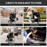 4 Wheels Pet Stroller for Small Medium Dogs Cats 10-33 lbs, Foldable Dog and Cat Stroller with Cup Holder & Storage Basket & Breathable Mesh, Pet Strolling Cart for All-Season, Black