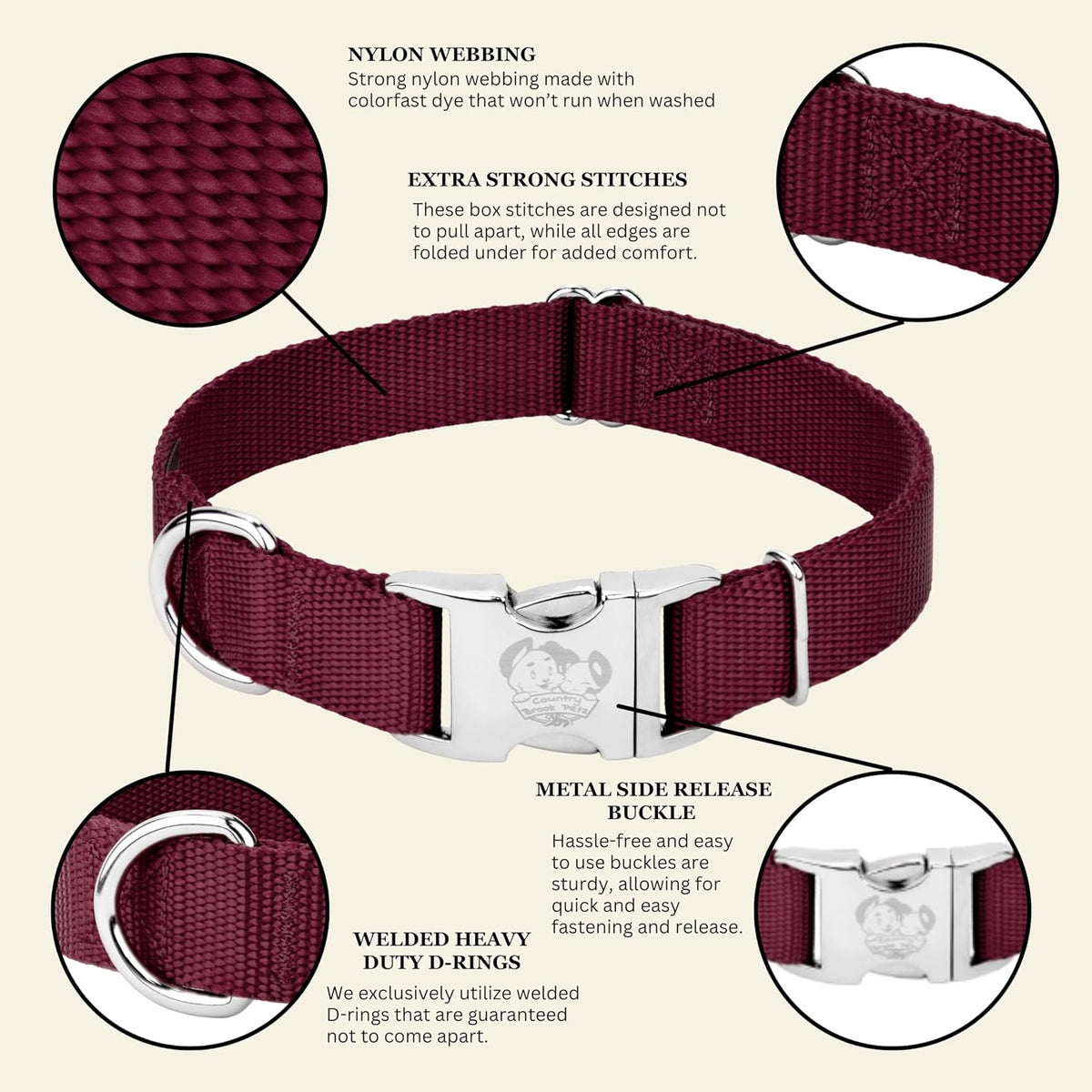 Country Brook Petz - Premium Nylon Dog Collar with Metal Buckle for Small Medium Large Breeds - 30+ - Large (Pack of 1) / Burgundy - image 2