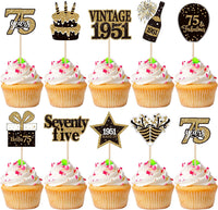 36PCS Happy 80th Birthday Cupcake Toppers Double Sided Black Gold - Vintage / 75th