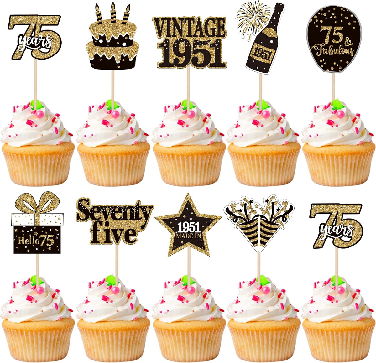 36PCS Happy 80th Birthday Cupcake Toppers Double Sided Black Gold - Vintage / 75th