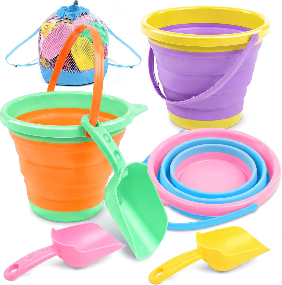 JOYIN Foldable Beach Bucket Set, Camping Gear, Travelling - Orange/Blue/Purple