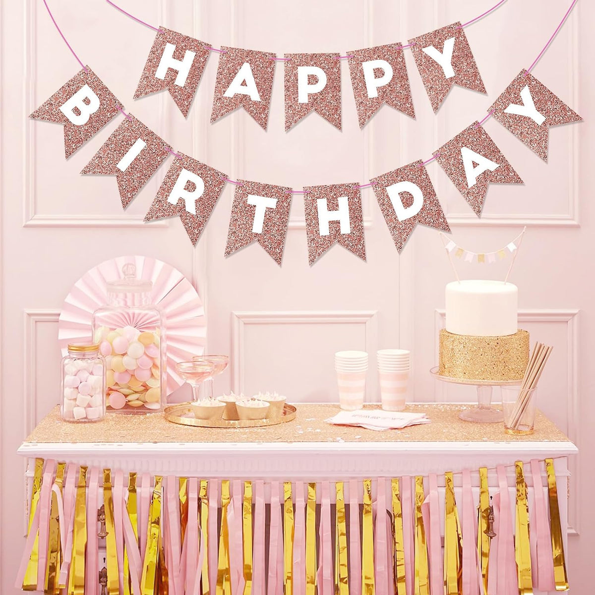 Orange Happy Birthday Banner Birthday Sign for Backdrop Happy - Glitter Rose Gold - image 3