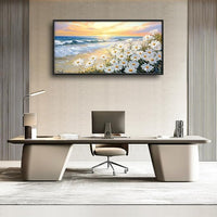 Large Beach Daisy Wall Art, Framed Coastal Beach Wall Decor for Living Room, Oversized Sunrise Canvas Painting Seascape Pictures Home Decoration for Living Room Bedroom Office 60"x30"