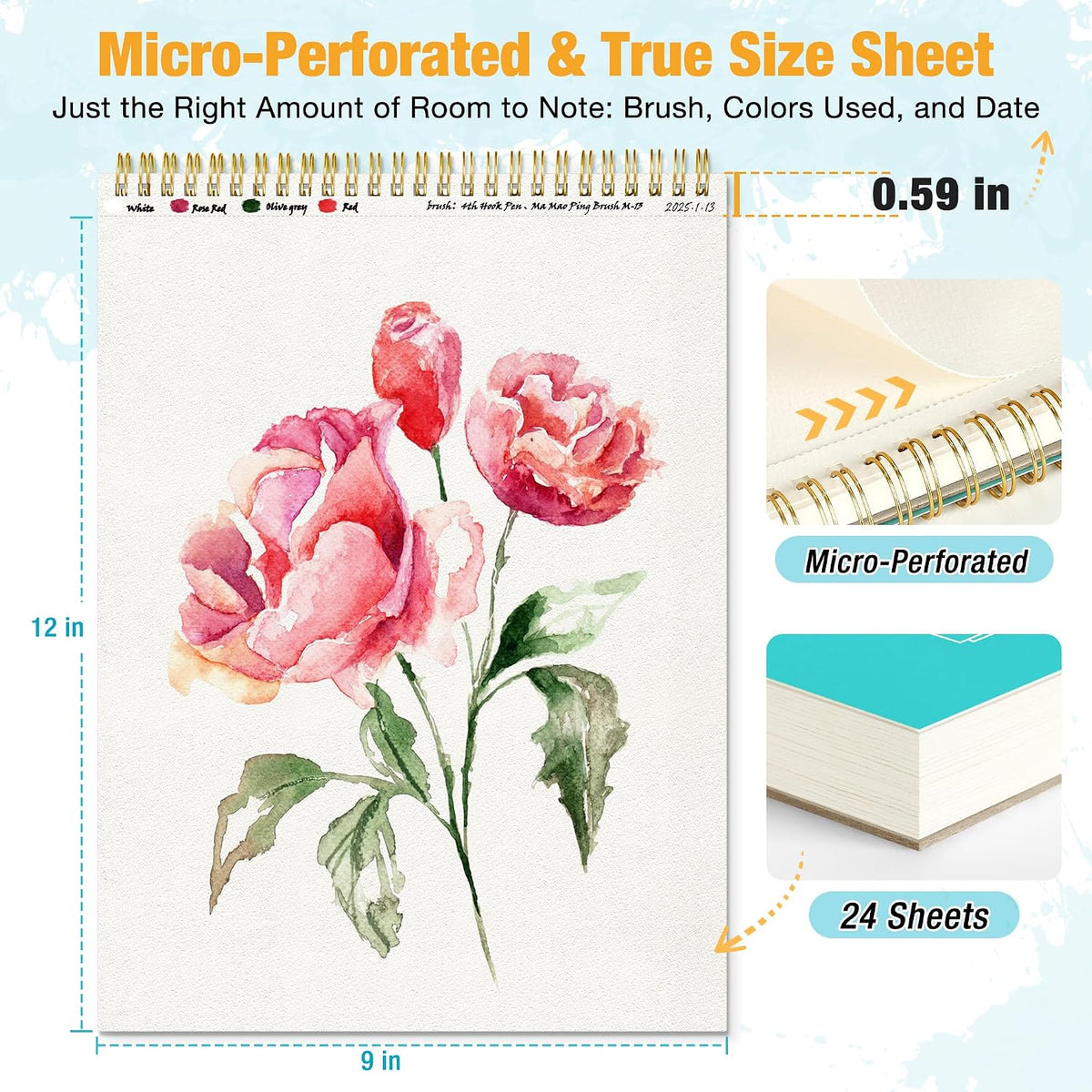 Watercolor Paper Pad, 5.5"x8.5”, Spiral, Bound with Tear - Teal / 9" x 12" Spiral Bound - image 2
