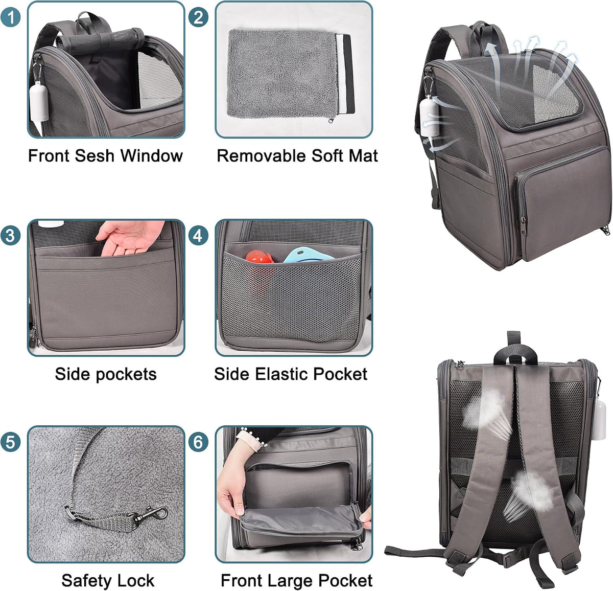 Jespet Pet Backpack Carrier for Small Dog - 4-Grey - image 2