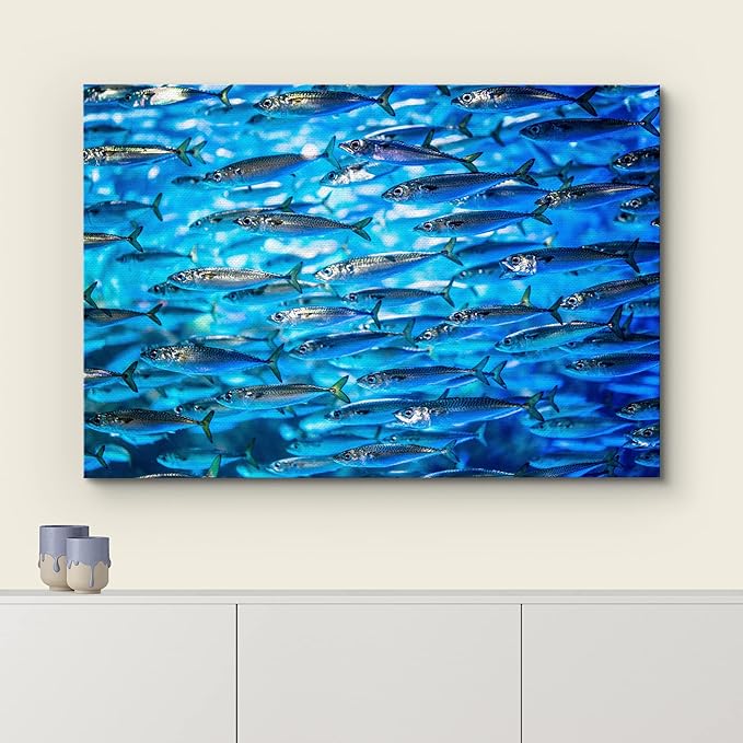 wall26 Canvas Print Wall Art Close Up Sardine School of Fish Underwater Nature Animals Photography Realism Rustic Scenic Landscape Wilderness Earth for Living Room, Bedroom, Office - 24"x36"