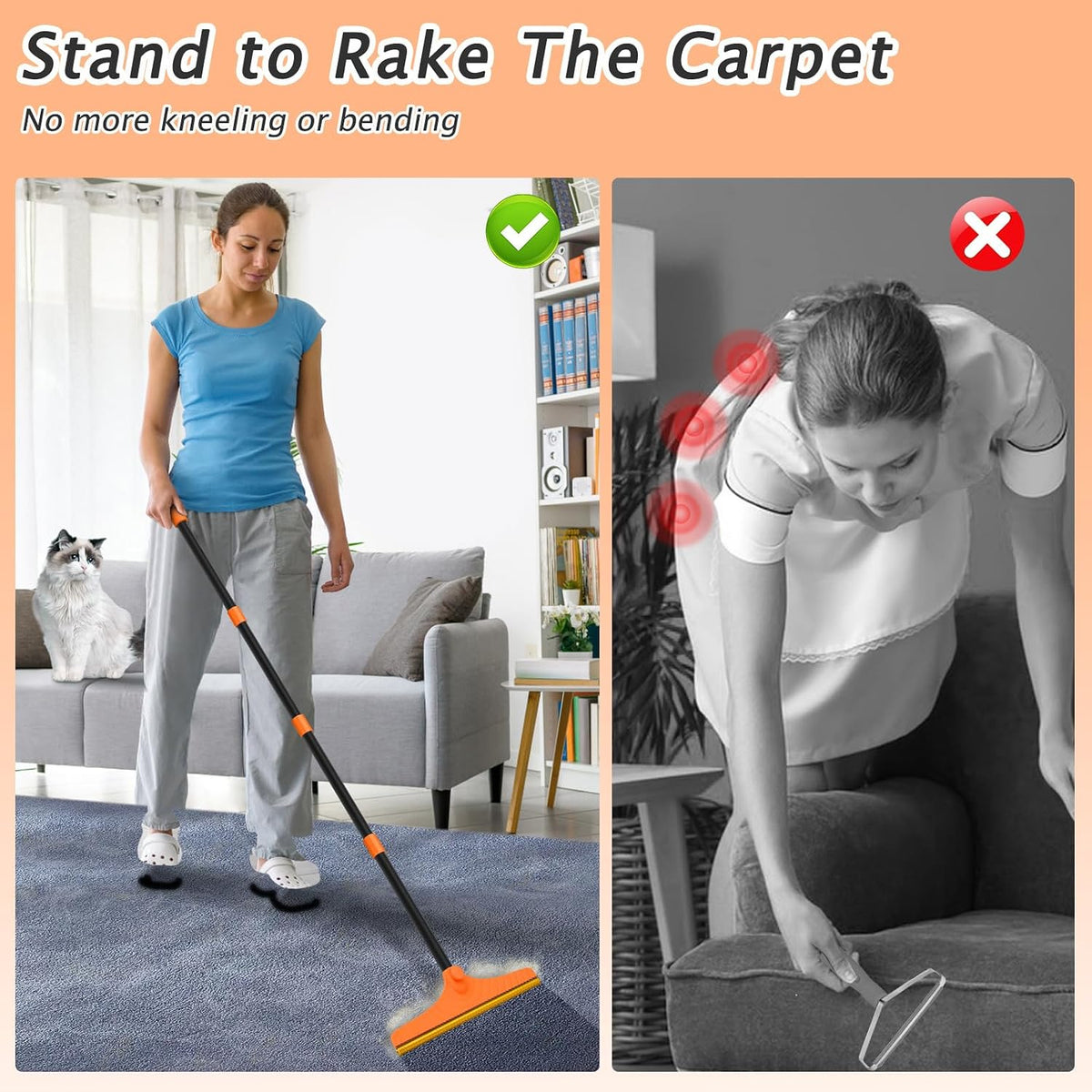 Carpet Rake for Pet Hair Removal Tool - 60‘’ / Orange - image 4