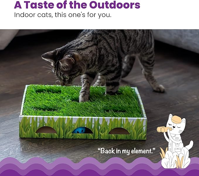 Catstages Grass Patch Hunting Box Interactive Bat & Swat Game for Indoor Cats, 3 Jingle Balls Included, Green