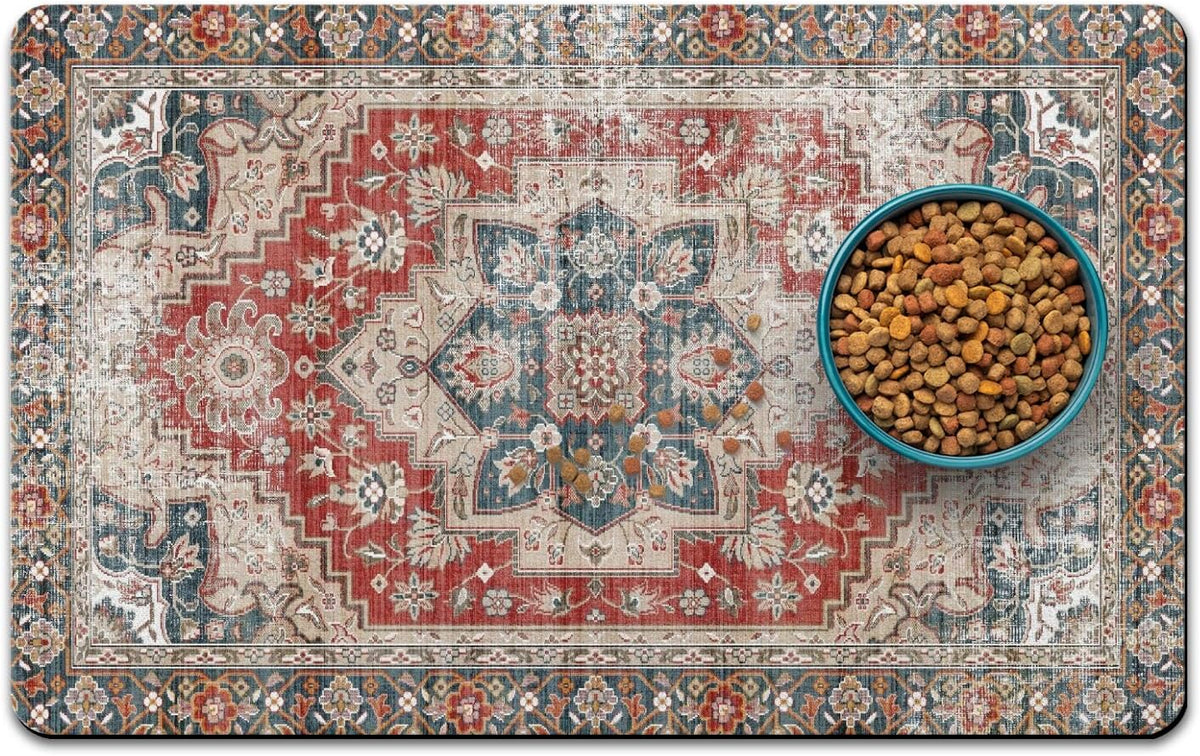 Dog Food Mat for Floors, Absorbent Pet Cat Food Bowl Mat - Bohemia 6 / 27"L x 17"W