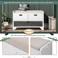 Storage Bench Removable Basket 2 Drawers Fully Assembled Acacia Wood Shoe Bench Standing Shoe Rack Removable Cushion for Living Room, Entrance Hallway, No Assembly Required White