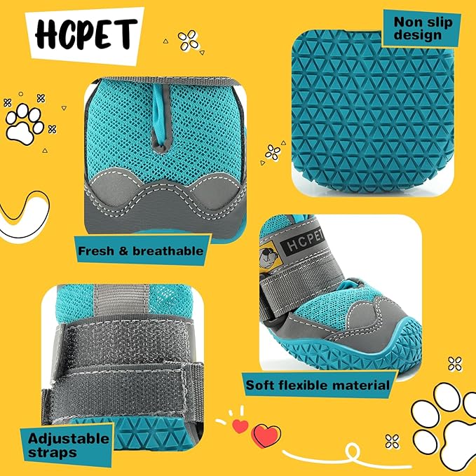 Hcpet Dog Shoes for Large Dogs, Breathable Dog Booties for Small Medium Dogs, Anti-Slip Dog Boots & Paw Protectors for Hot Pavement Winter Snow Hiking with Reflective Straps Blue Size 2