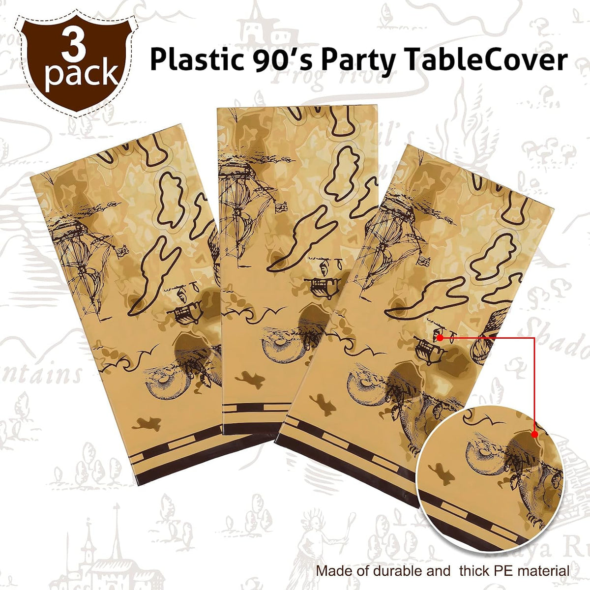 Irenare pirate tablecloth printed with a treasure map, skeleton, boat, mountain and treasure chest - view 11