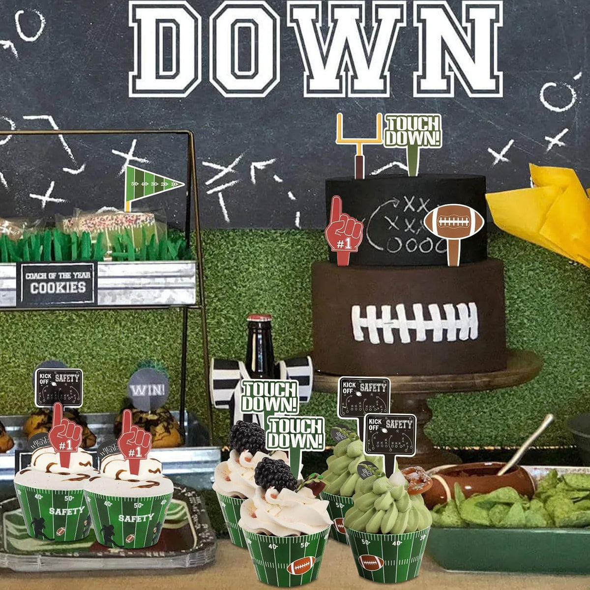 Hxezoc football cupcake toppers and wrappers set with brown and green football designs - view 39