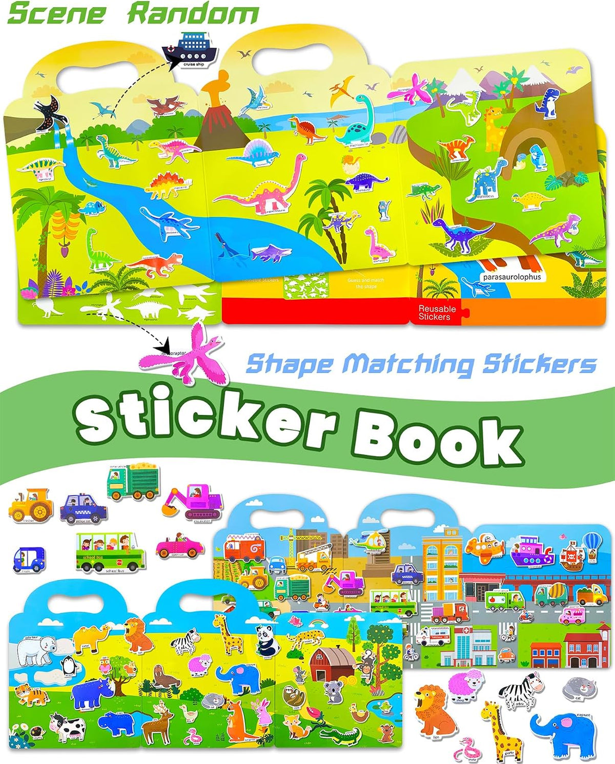 Walenced Reusable Sticker Book, Stickers for Kids - Animal+Dinosaur+Vehicle - image 3