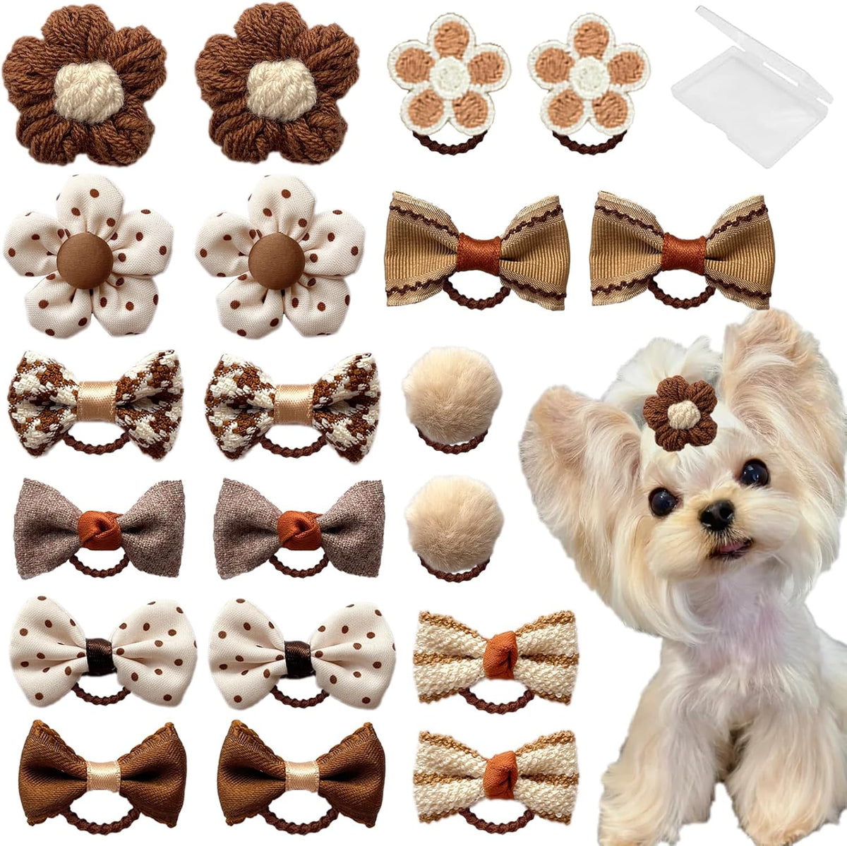 FGISAR 20 Pcs Small Dog Hair Bows with Rubber Bands Handmade Puppy - Brown