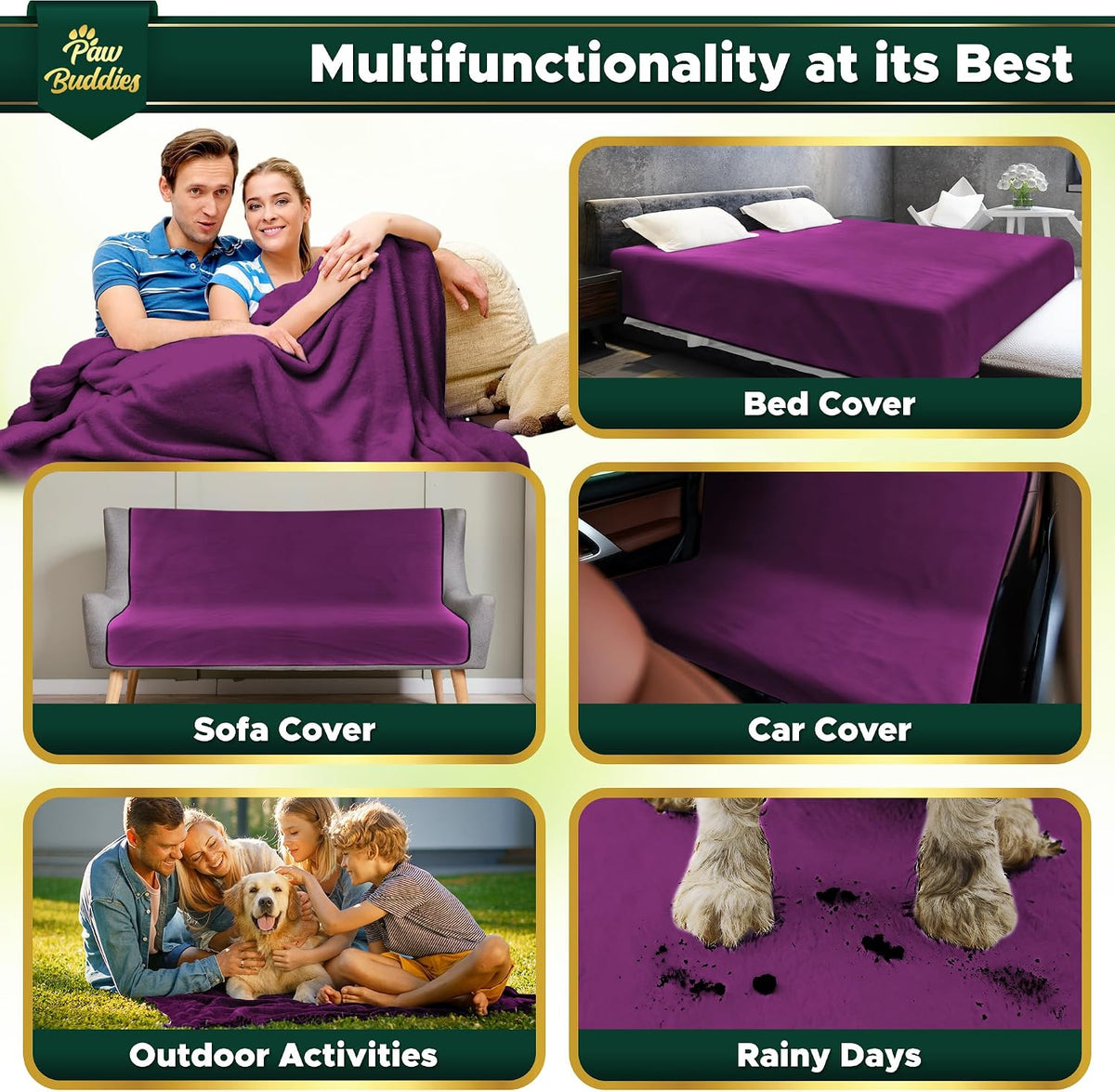 Paw Buddies Waterproof Blanket King Size 80"x90" for Dogs, Pets - Purple - image 4