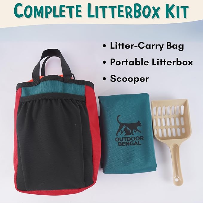 Travel Litter Box for Cats (3in1 Kit) – Foldable Litterbox + Litter Bag + Scooper (Portable Litter Box for Cat Traveling) Collapsible Litterbox for Car Travel with Cat, Camping, Plane