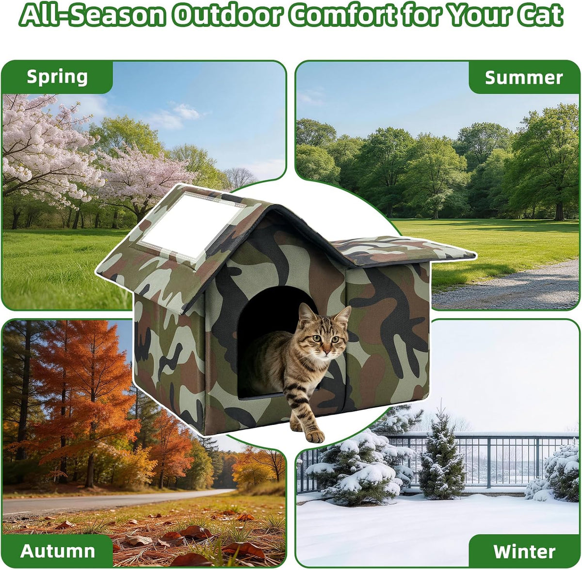 Outdoor Cat House Weatherproof, Large Feral Cat House for Winter - Green / 17" x 13" x 15" - image 2
