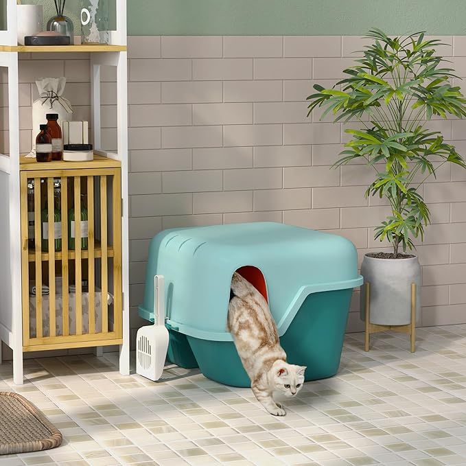 PawHut Cat Litter Box with Lid, Covered Kitty Litter Box Enclosure with Scoop, Openable & Lockable Cover, Easy to Clean, Green