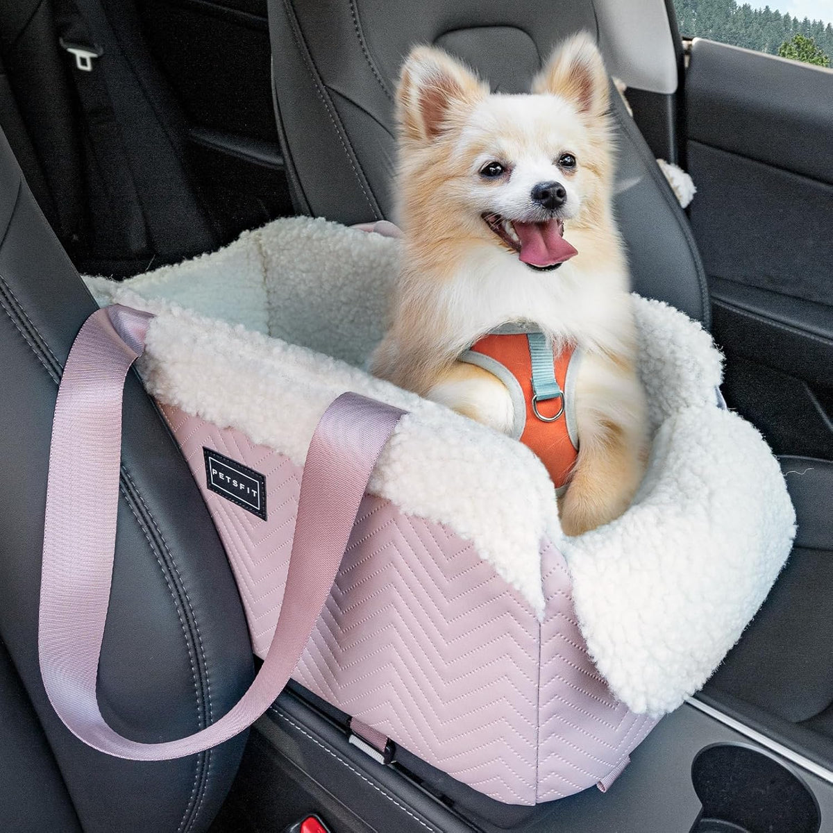 PETSFIT Cat Car Seat, Portable Console Dog Car Seat with Safe Protective Hooks, Luxury Pet Car Seat - Pink / Small