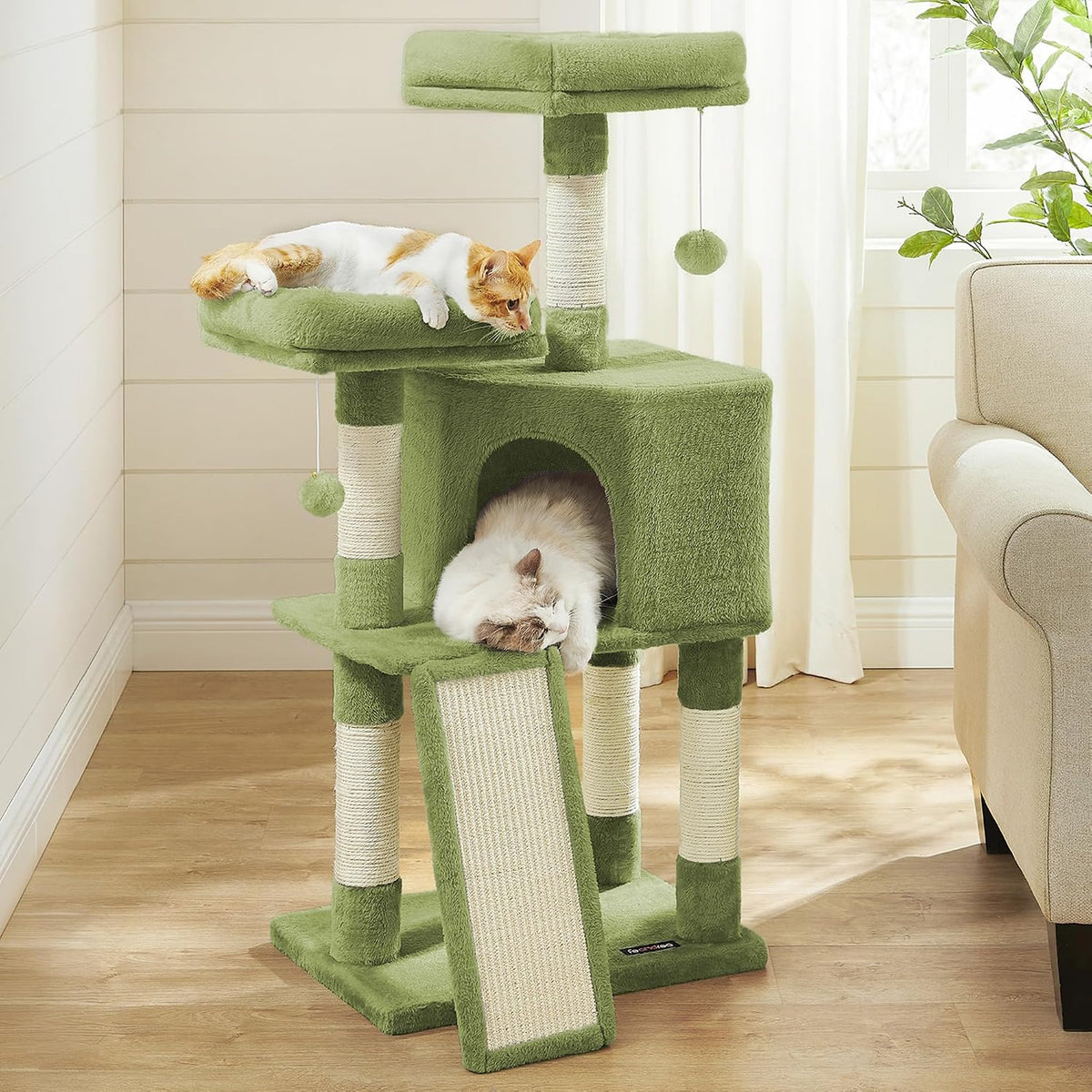 Feandrea Cat Tree, Plush Climbing Condo, Green - Grass Green
