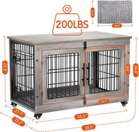Lulive Large Dog Crate Furniture, 38'' Wooden Dog Crate End Table, Double Door Dog Kennel Indoor with Cushion & Wheels, Decorative Dog Cage House Chew-Resistant for Large/Medium, Grey