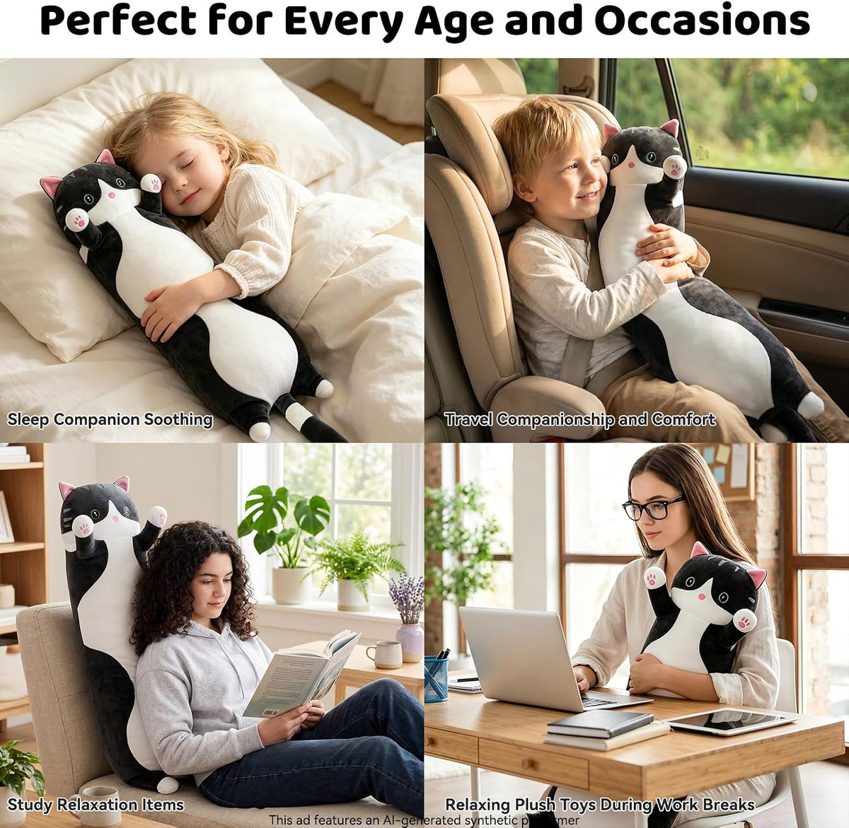 Cute Long Cat Plush Body Pillow, Soft Stuffed Animals 19.7 Inch – Fun for Kids & Family - Black / 51.1 inches - image 3