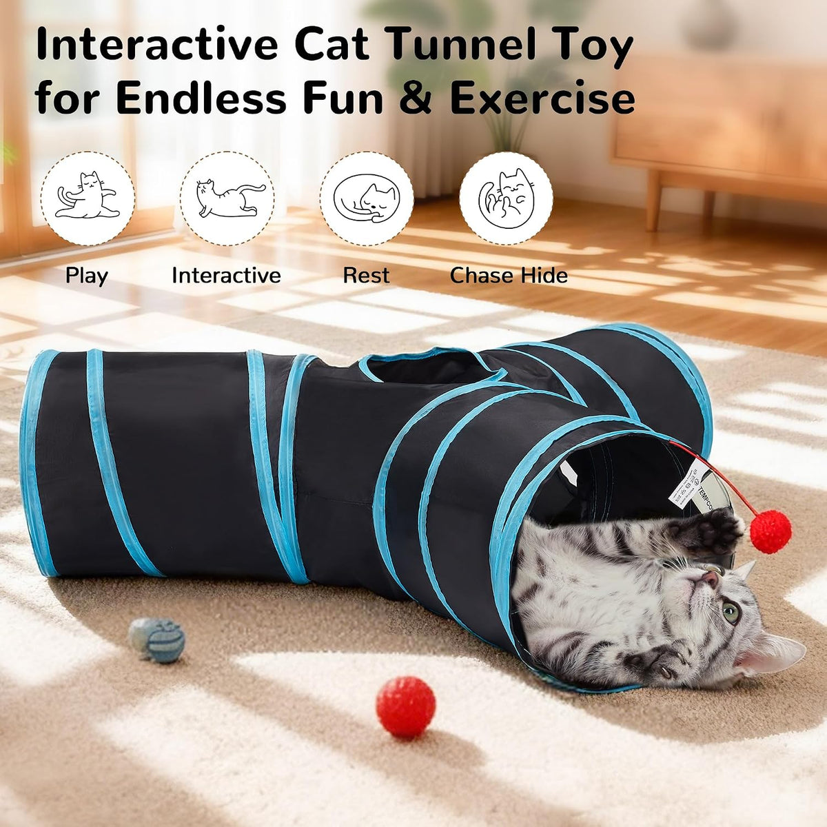 Tempcore Cat Tunnel, 3-Way Collapsible Toy for Indoor Cats - Black & Blue / Small - image 3