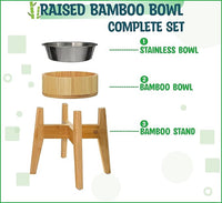 Elevated Dog Bowls for Large Breed - (15-Inch Tall, 74-oz Cap), Deter Ants and Bugs - Raised Single Feeder, Suitable for Dry and Wet Pet Foods - Bamboo with Stainless Steel Dish