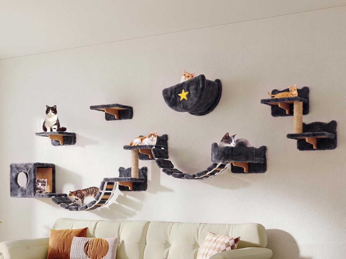 Cat Wall Shelves, 9-in-1 Wood Cat Wall Furniture Set, Burlywood – Essentials for Cats - Grey / 13 Piece Set