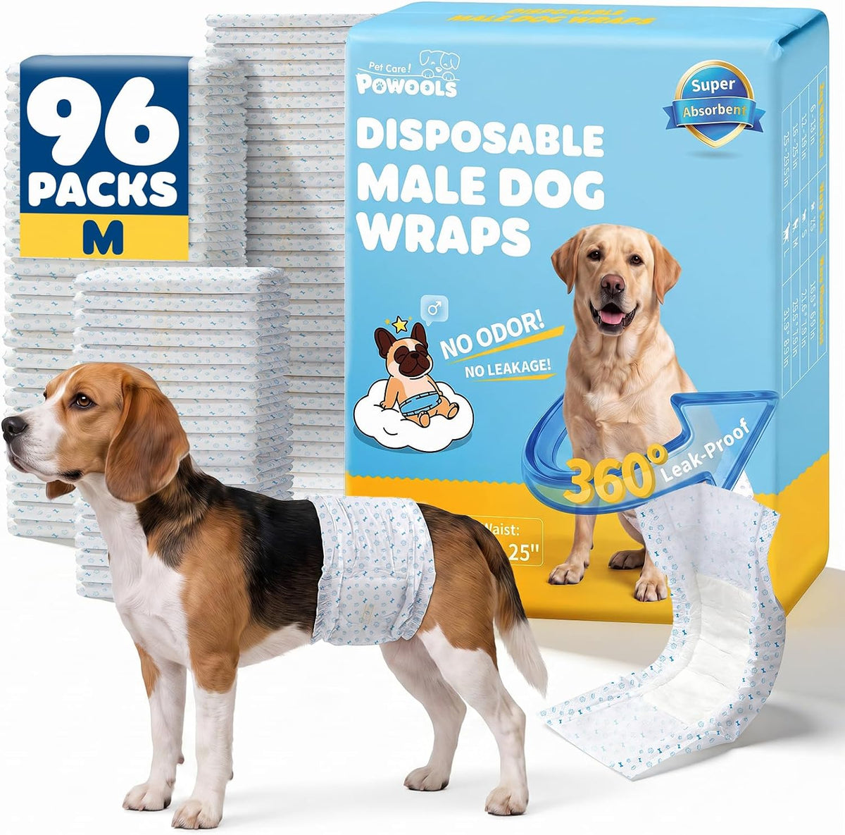 Powools Male Dog Wraps, 96 Count Disposable Dog Diapers, Small – Essentials for Dogs - Medium - 96 Packs