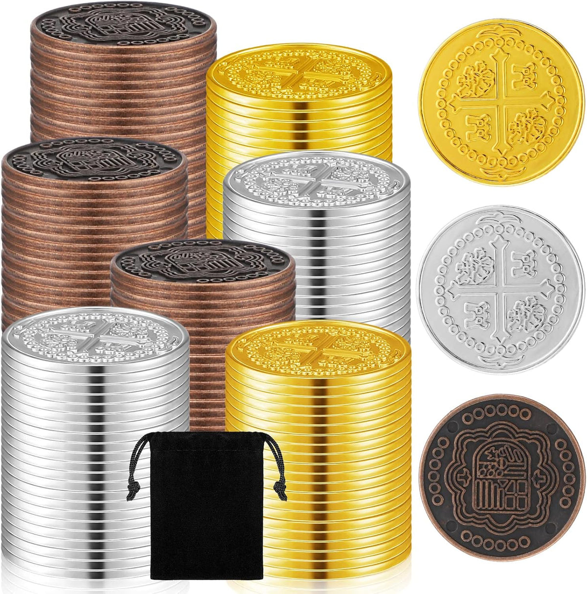 Hanaive 100 Pcs Metal Pirate Treasure Coins - Gold, Silver, Bronze / Classic