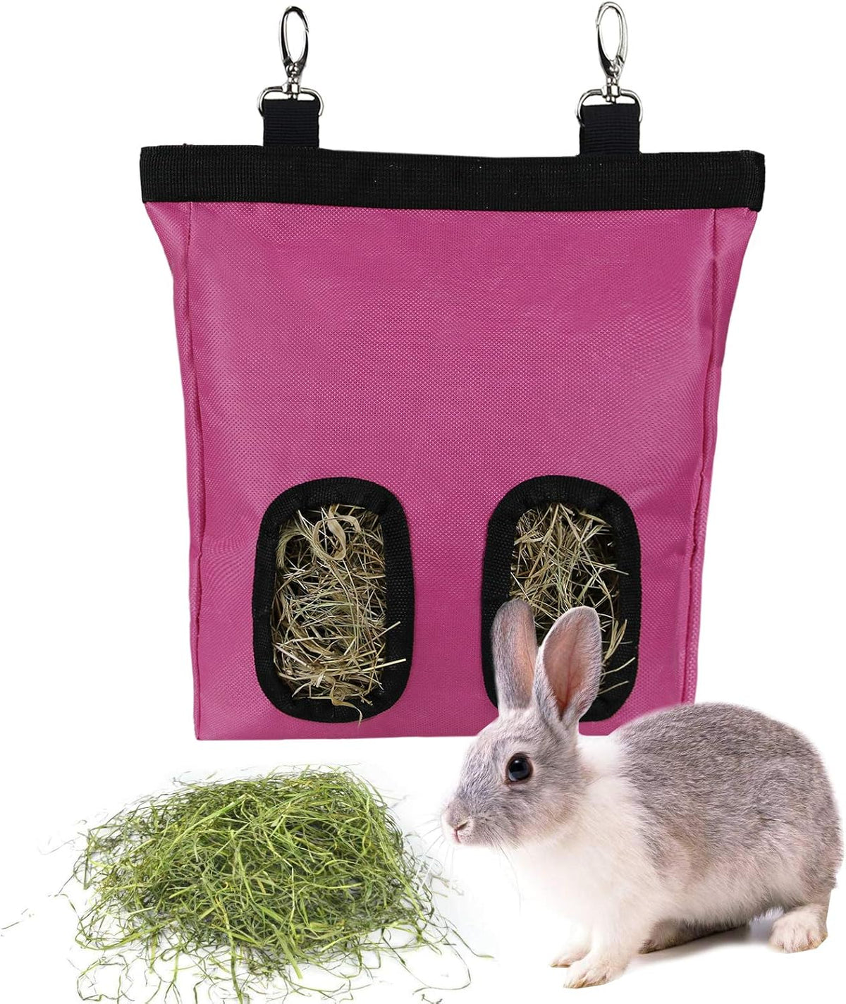 Rabbit Hay Feeder Bag Hanging Hay Rack – Essentials for Small Pets - 2 Windows / Pink