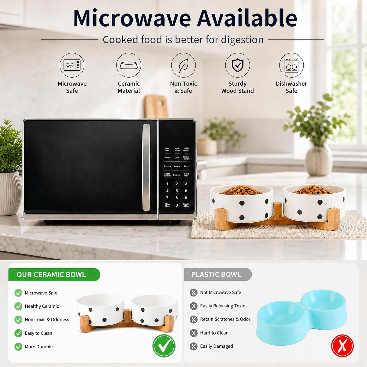 Ceramic Cat Dog Bowl Set with Stand - Black Dot / 850ML*2 - image 4
