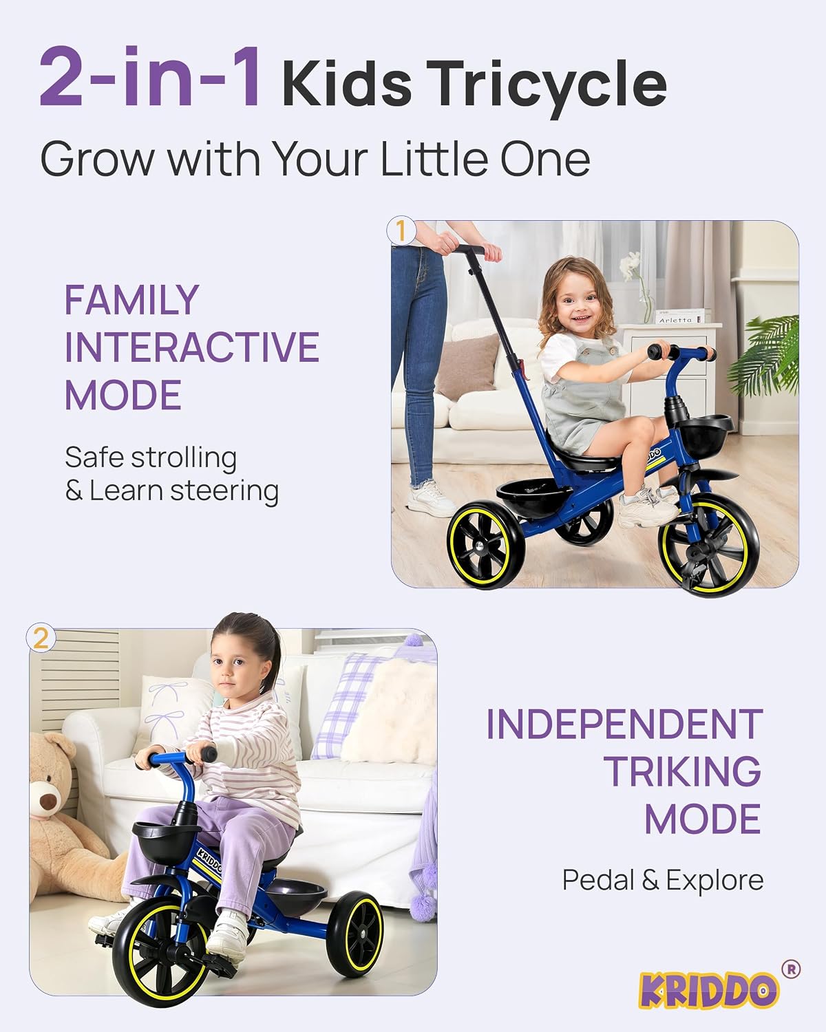 KRIDDO 2-in-1 Toddler Tricycle with Push Handle: Ages 18 Months to 5 - Blue - image 2