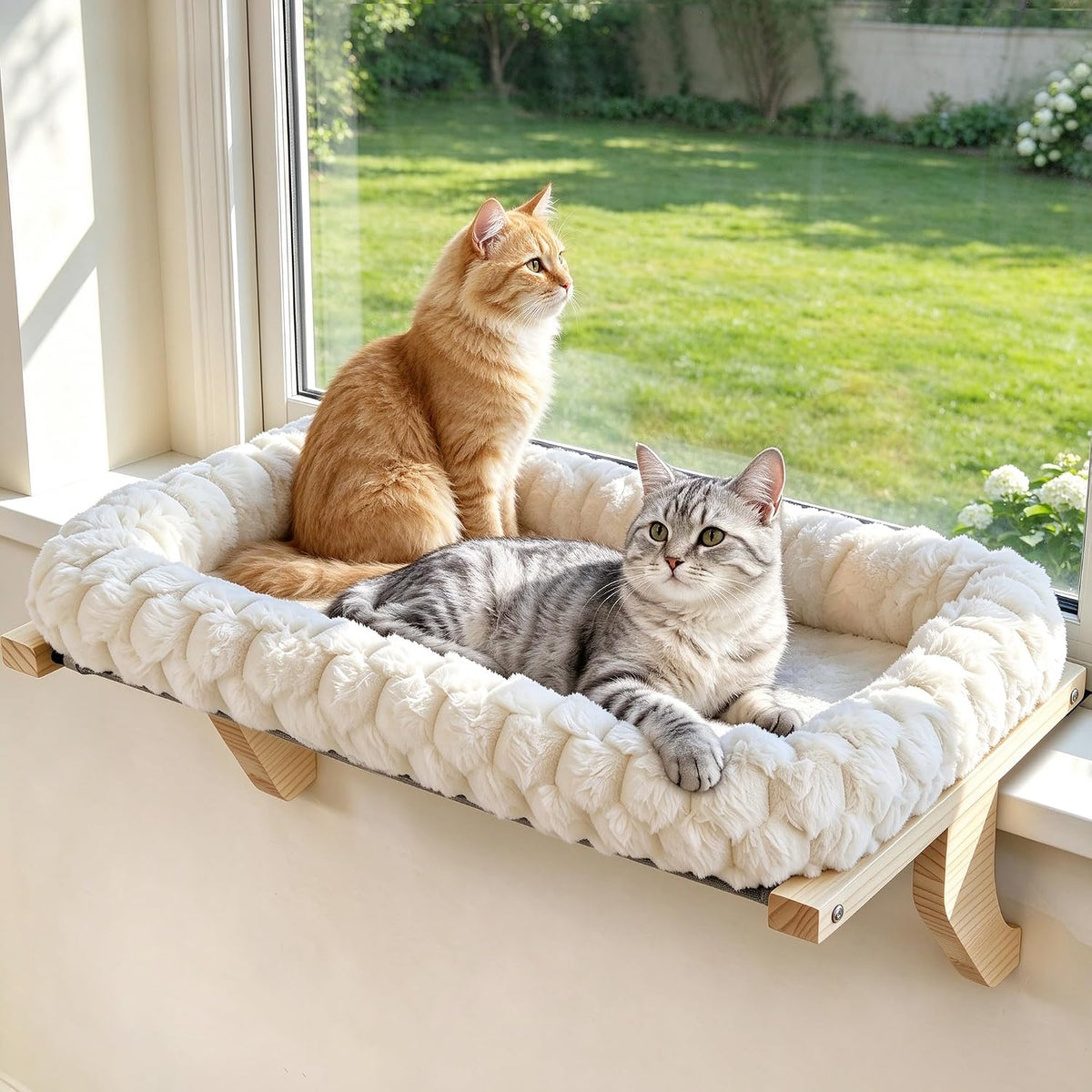 Cloud-Soft Wooden Cat Window Sill Perch with Zipper Cushion - White / X-Large