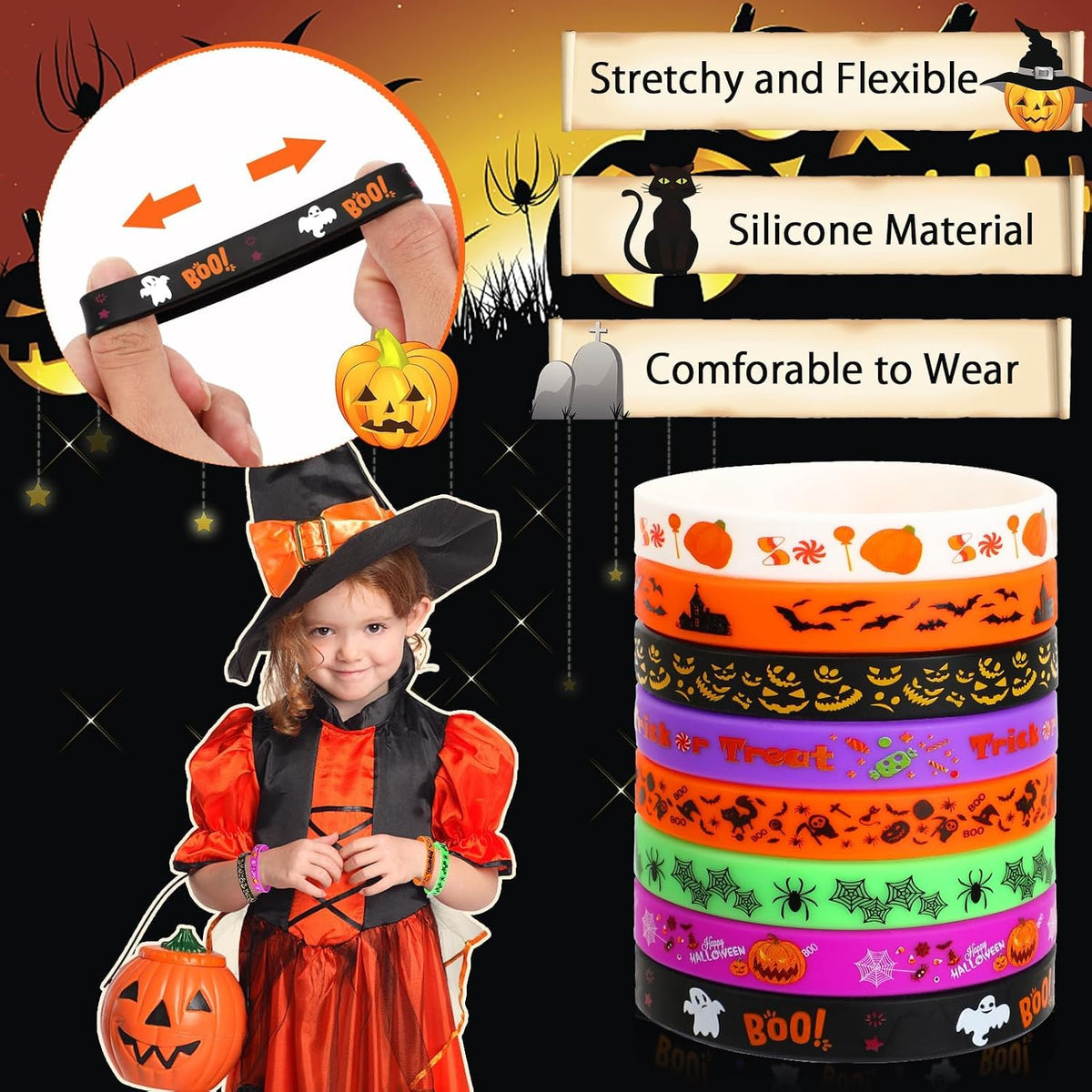 JUNEBRUSHS 64pcs Halloween Party Favors Silicone Bracelets Rubber - Halloween Style - image 4