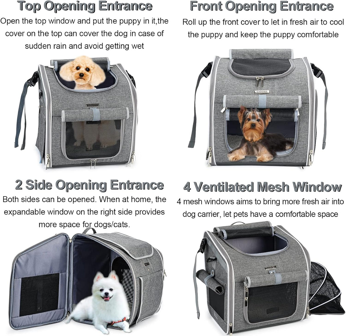 Dog Bike Basket, Expandable Soft-Sided Pet Carrier Backpack with 4 Open Doors, 4 Mesh Windows - Grey-Fits 10-18 Lbs - image 2