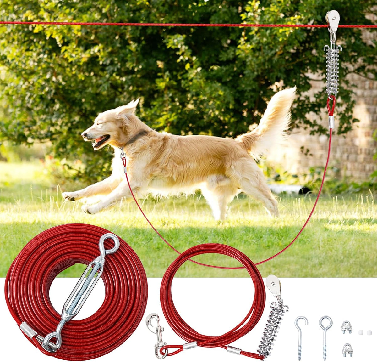 Dog Runner for Yard, Outdoor Dog Run - Red / 120FT+10FT