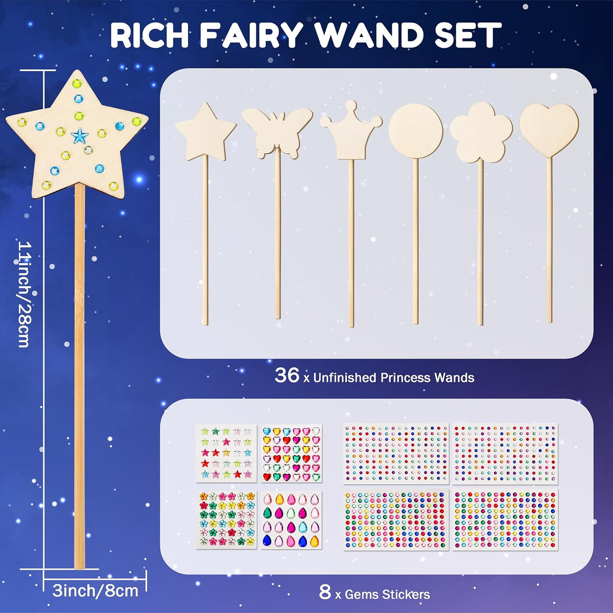 Pllieay princess fairy wands craft kit with 18 unfinished wooden wands and diamond stickers - view 10