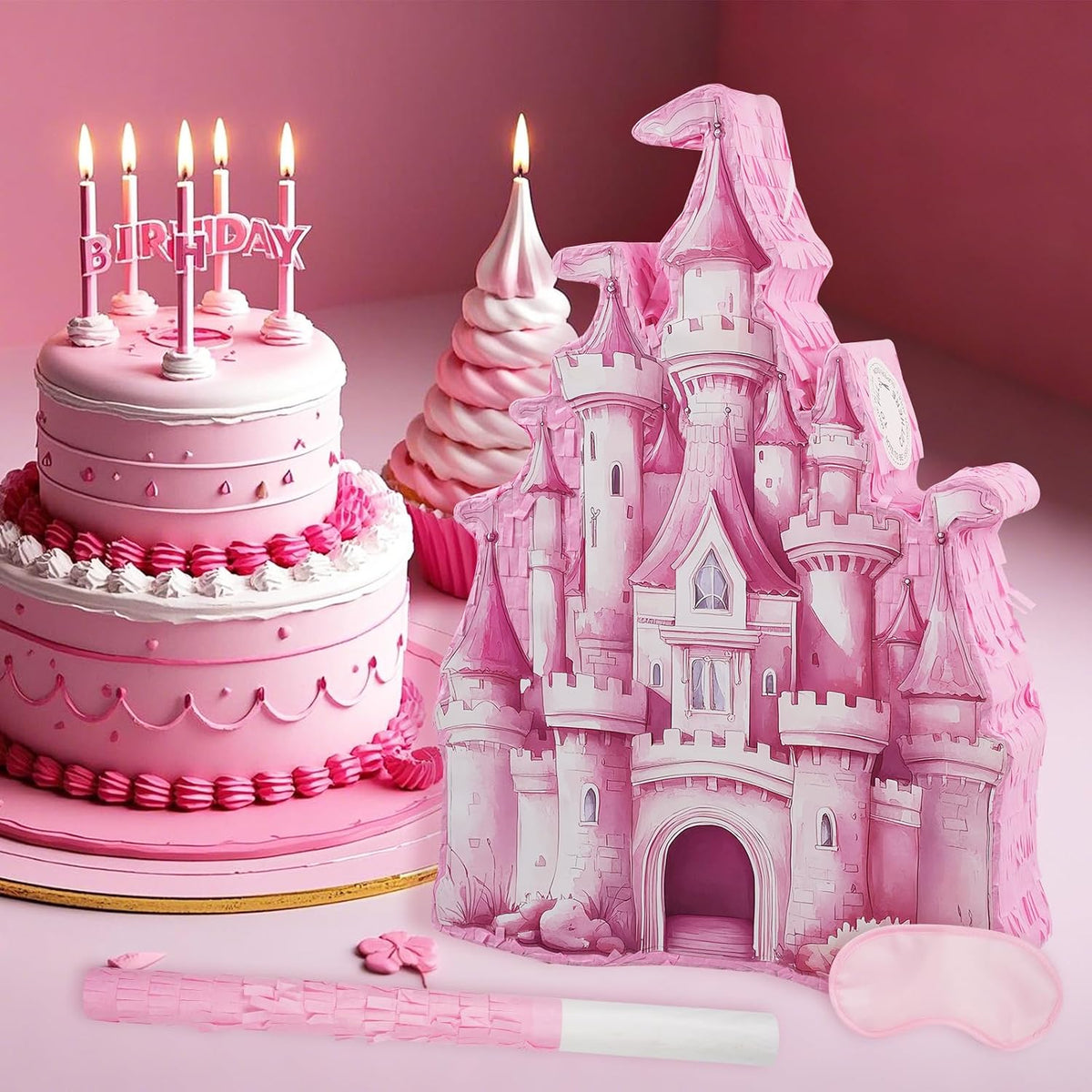 Princess Castle Pinata - Pink Castle Pinata with Blindfold and Bat for Girls Kids Princess Theme - Castle B - image 4