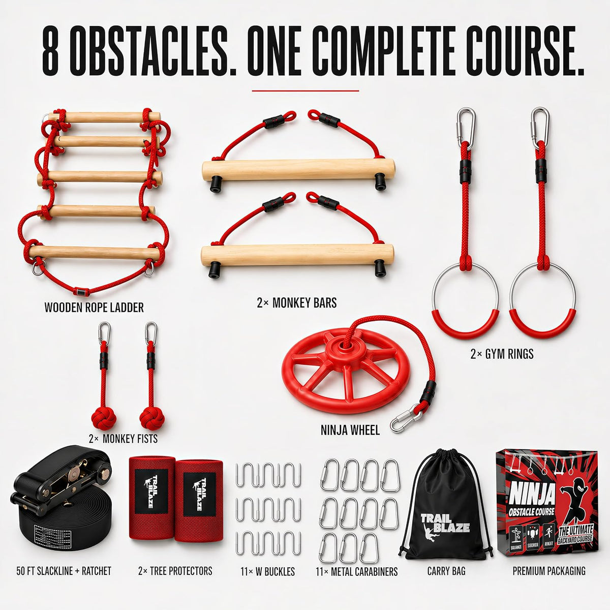 Ninja Warrior Obstacle Course Kids Outside - Red / 50ft Single Line Kit – 8 Obstacles - image 3
