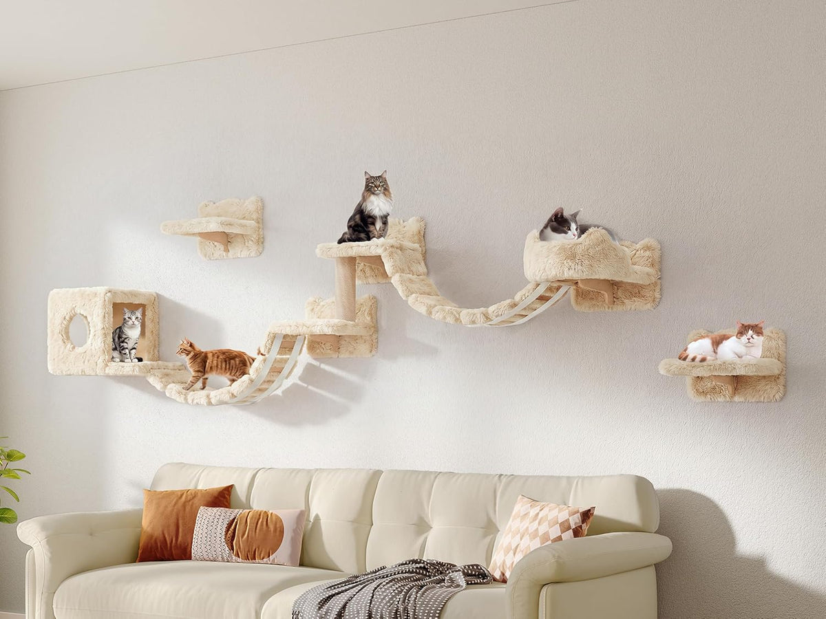 Cat Wall Shelves, 9-in-1 Wood Cat Wall Furniture Set, Burlywood – Essentials for Cats - Beige / 9 Piece Set