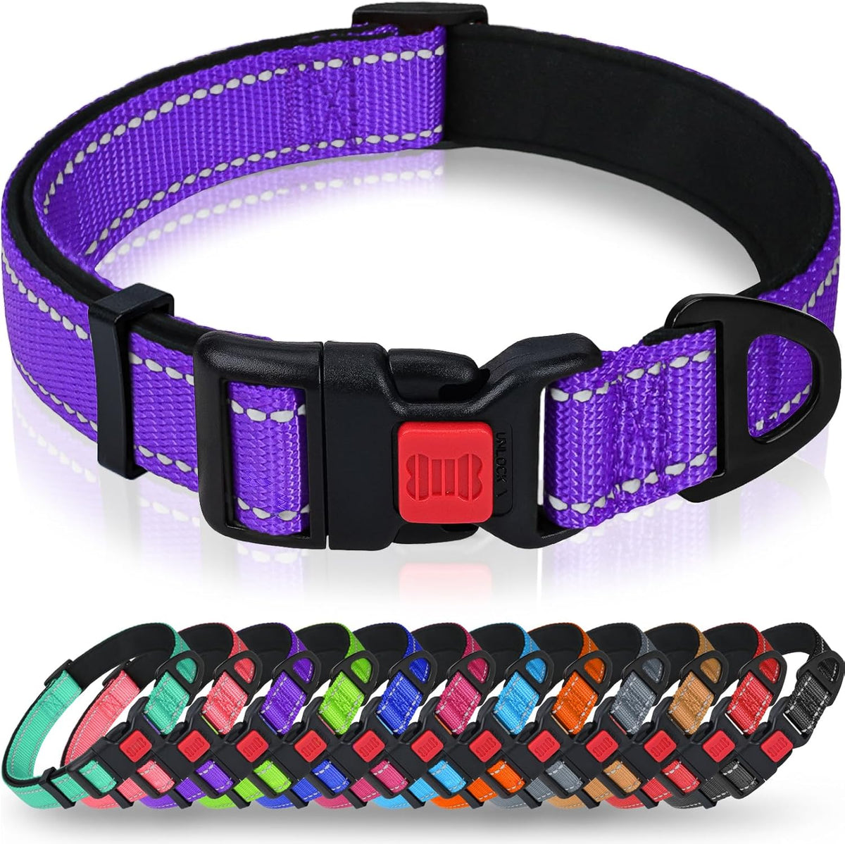 Taglory Reflective Large Dog Collar - Purple / X-Large (Pack of 1)